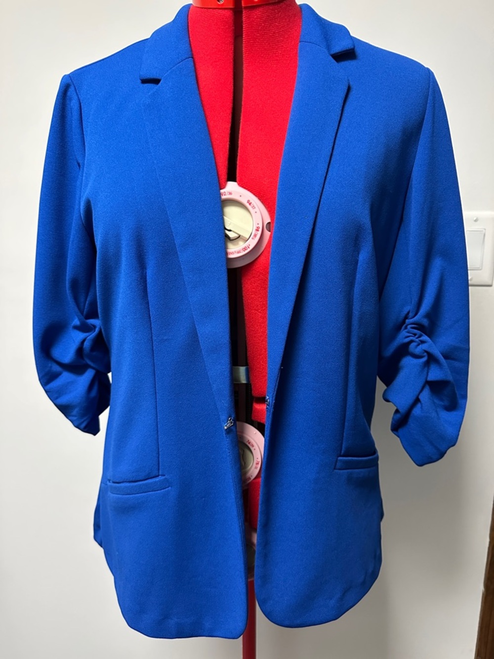 Cobalt Blue Open-Front Blazer with Ruched Sleeves